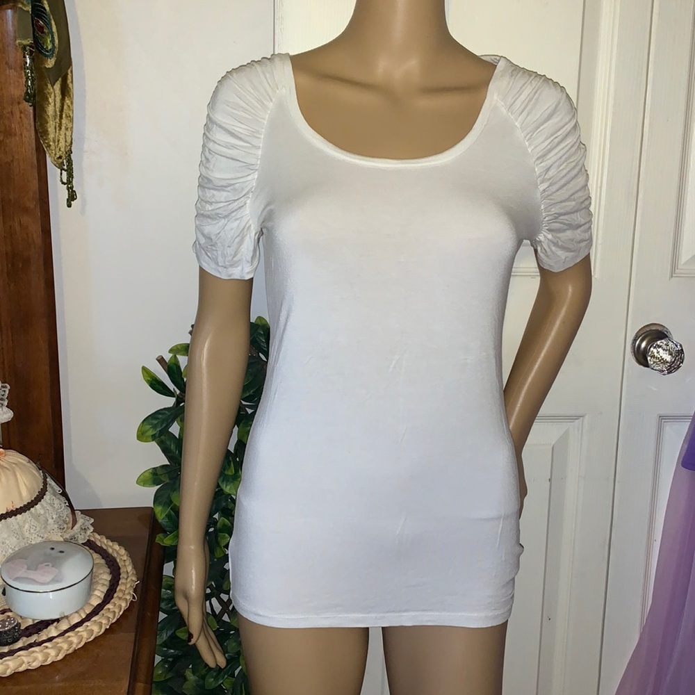 Ruched sleeve Scoop slinky tee shirt tunic top white M